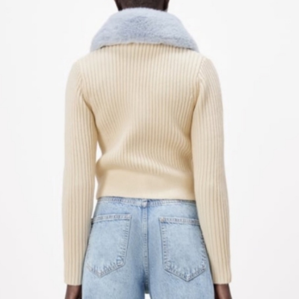 Zara * faux fur knit cardigan Cream Blue - Picture 15 of 15